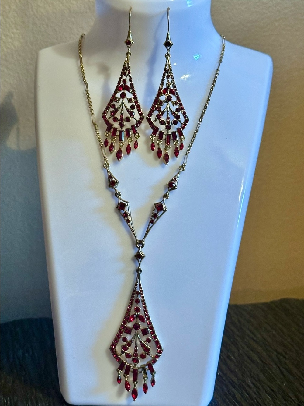Vintage 1928 Jewelry Co. Gold-Tone Red Crystal Chandelier Necklace & Earring Set